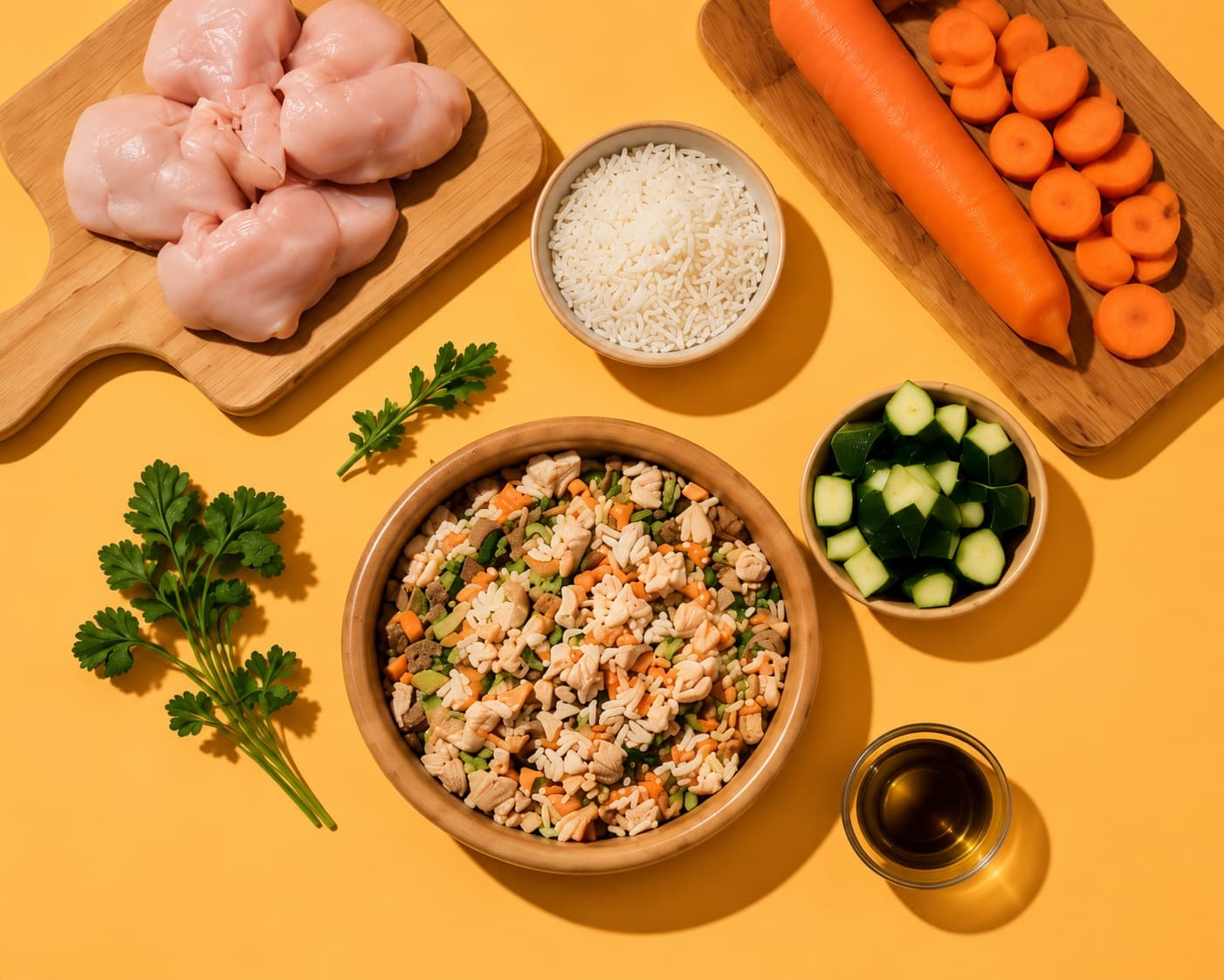 Frisch zubereitete Hähnchenmahlzeit mit Karotte und Reis