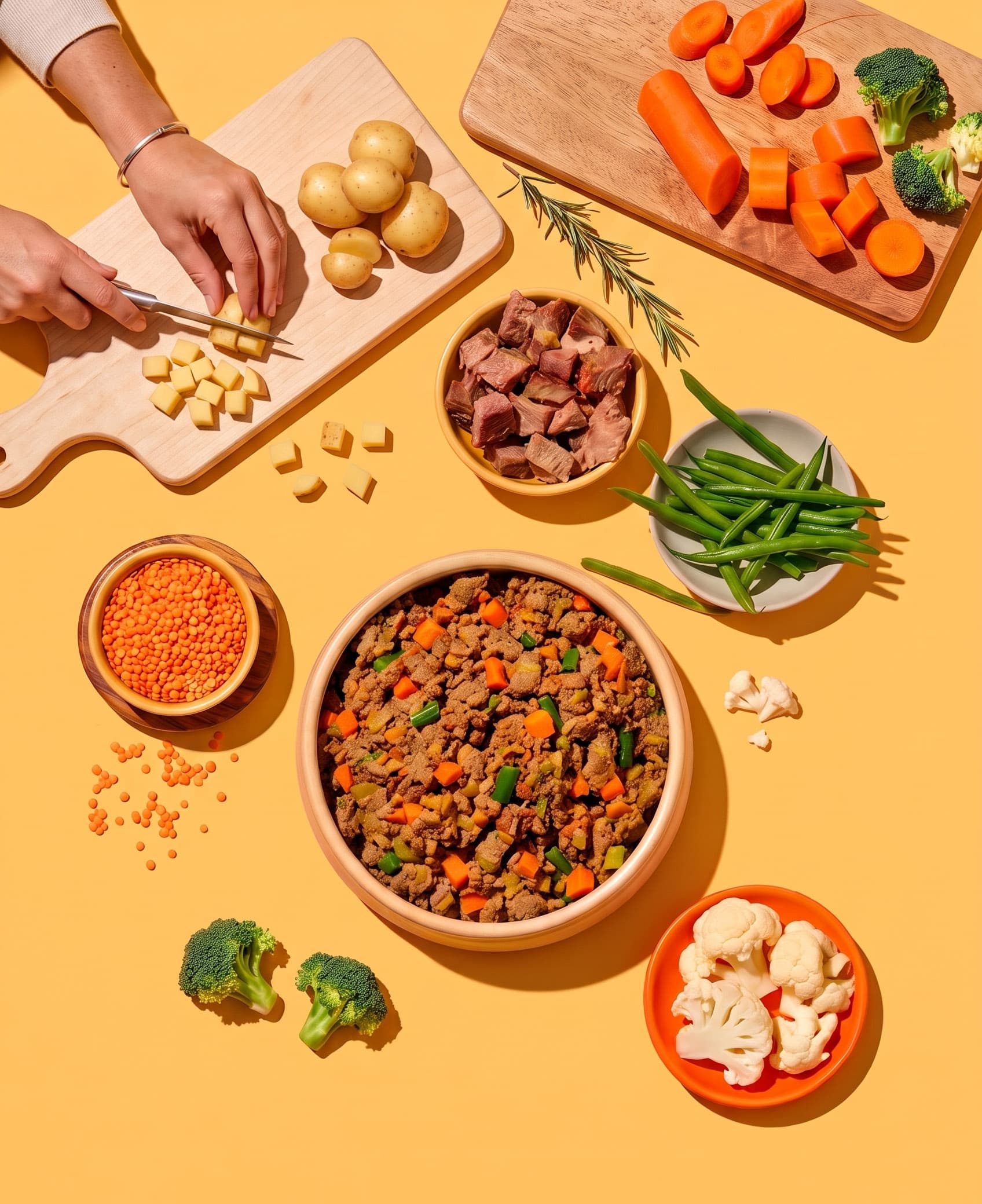 Frische Zutaten und zubereitete Mahlzeit beim Kochen für den Hund